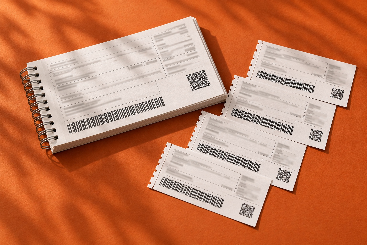 Carnê de boletos com folhas destacadas sobre papel laranja