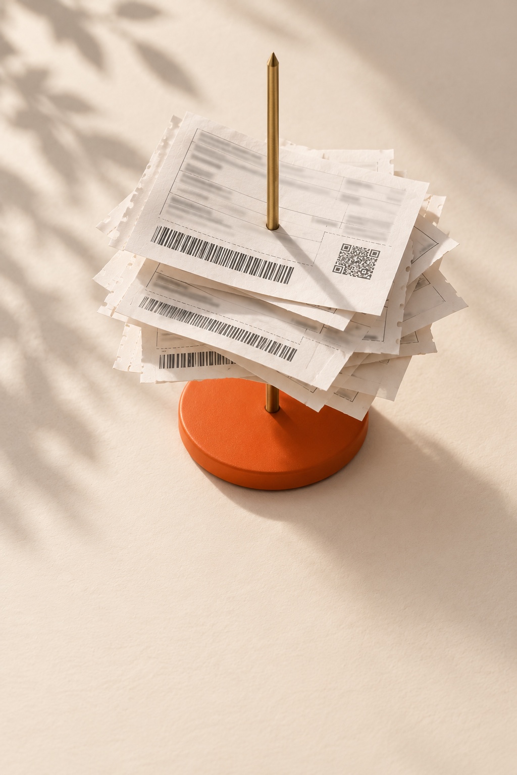 Espeto de notas com canhotos de boletos pagos sobre papel creme