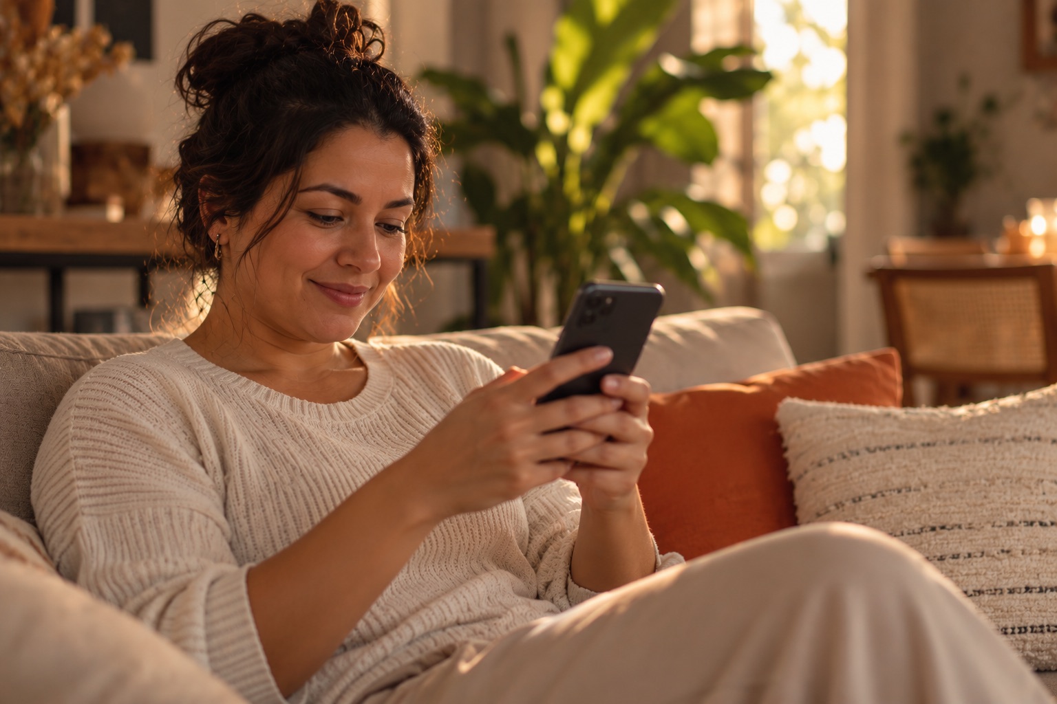 Cliente pagando pelo celular no sofá de casa