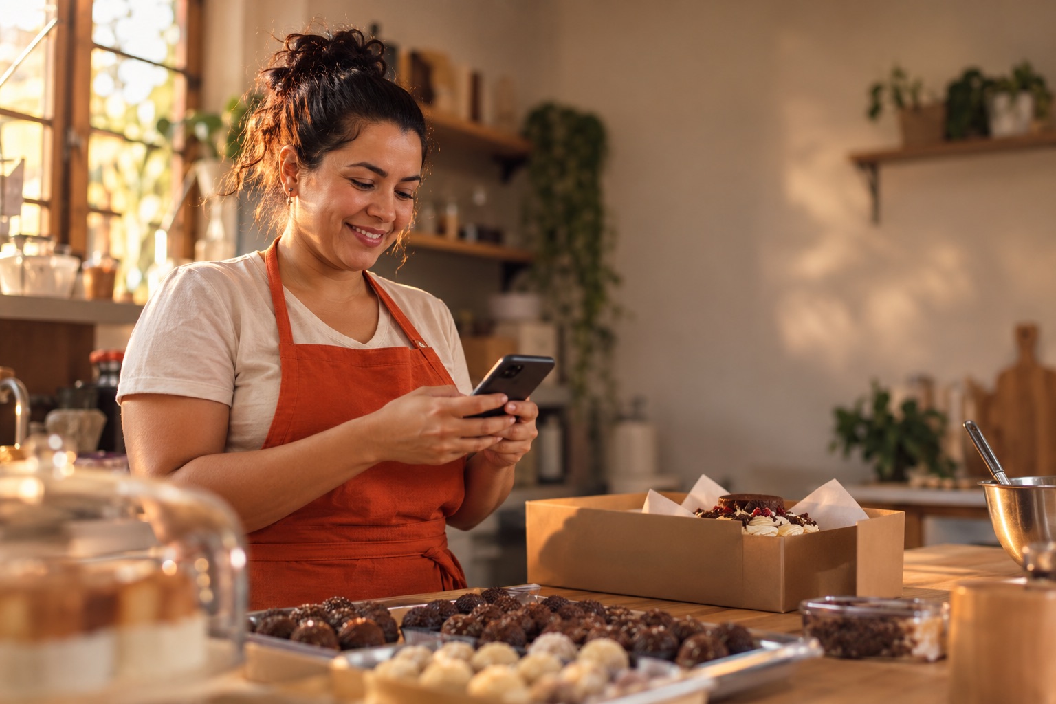 Confeiteira respondendo um cliente pelo celular na bancada da cozinha